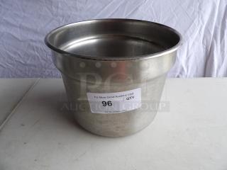 Stainless steel steam pot liner, 11" round x 8" deep, in good condition with auction label "96" visible.