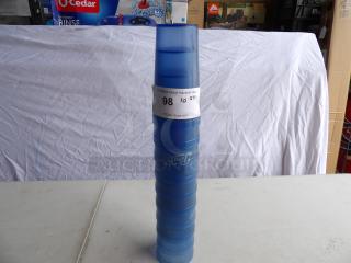 Stack of blue 20 oz Pepsi Cola plastic cups, new condition. Marked with auction label "98, 10 QTY, PGIAuctions.com."