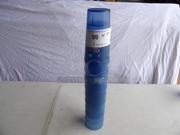 Stack of blue 20-ounce plastic cups with Pepsi Cola branding, in good condition. Auction label indicates quantity of 10.
