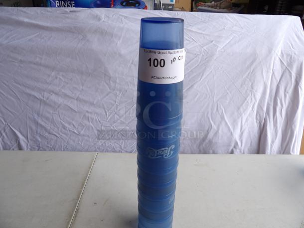 Blue 20 oz plastic Pepsi Cola cups, stack of ten, new condition, auction label shows quantity and website URL.
