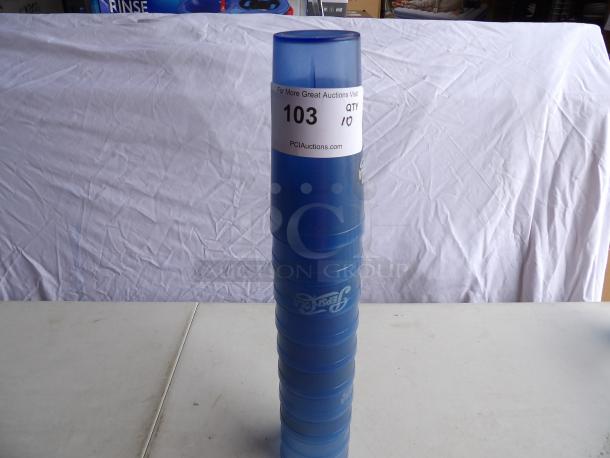 Stack of blue 20 oz plastic Pepsi Cola cups, set of 10, in new condition. Auction label reads "103 QTY 10 PCIAuctions.com."