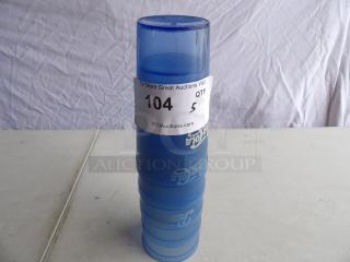 Stack of blue 20 oz plastic Pepsi Cola cups, quantity 5, with auction label 104 from PCI Auctions.