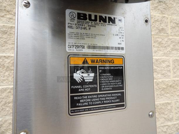 BUNN Coffee Maker Model CWTF-15APS with warning labels and specifications plate, highlighting model and power details.