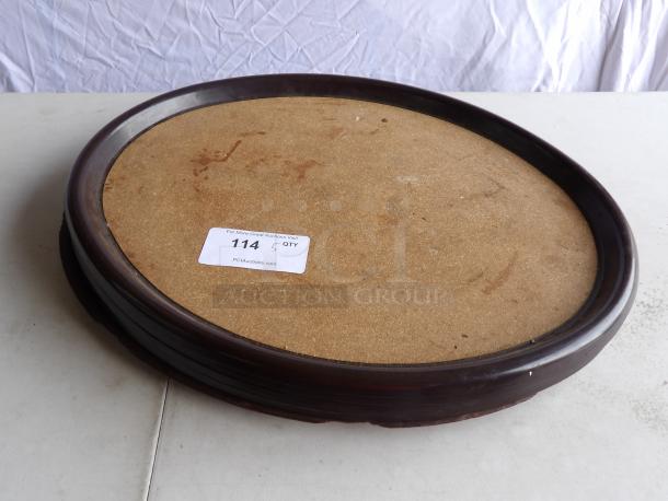 Oval serving tray with dark wood rim, slightly worn surface. Label reads "114 5 QTY PCIauctions.com".