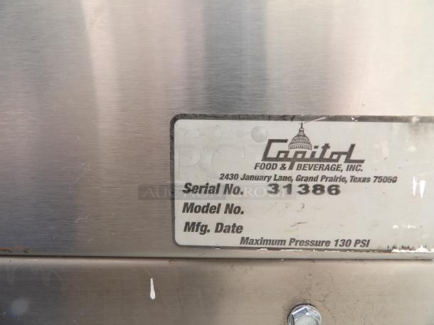 "Stainless steel Buckeye Cold well/Ice well with stand; Capitol Food & Beverage label; Serial No. 31386; Max Pressure 130 PSI."