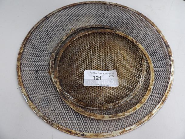 Set of three used metal fryer screens with rust and wear, marked with auction label "121 QTY 3".