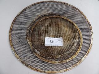 Set of three used metal fryer screens with rust and wear, marked with auction label "121 QTY 3".