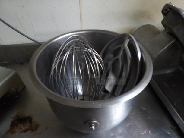 Hobart A-200 20Qt commercial mixer with stainless steel bowl and attachments, good condition; 115V, 60Hz, 1 phase.