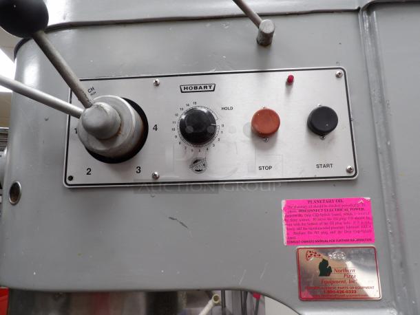 Hobart M802 80 Quart Mixer, commercial-grade, metal finish, power controls visible. 208V, 3-phase, working condition.