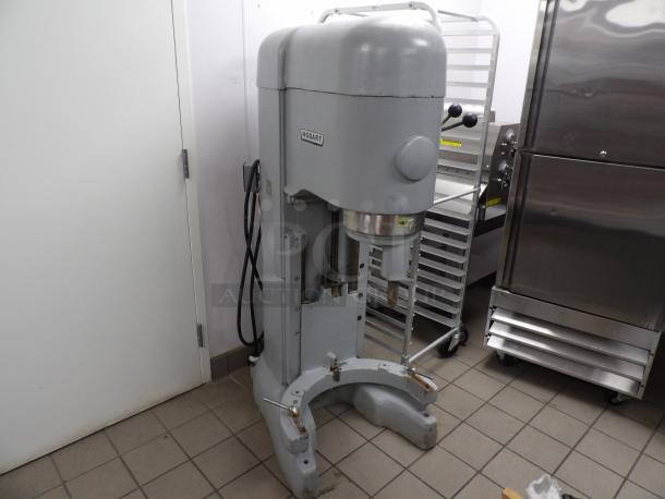 Hobart M-802 80 Quart Metal Commercial Dough Mixer, floor style, 208V, 3 phase, powered on, working condition.