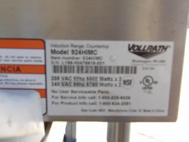 Vollrath 924HIMC induction range label, showing model, voltage (208/240V), phase, and power. NSF, UL certified.