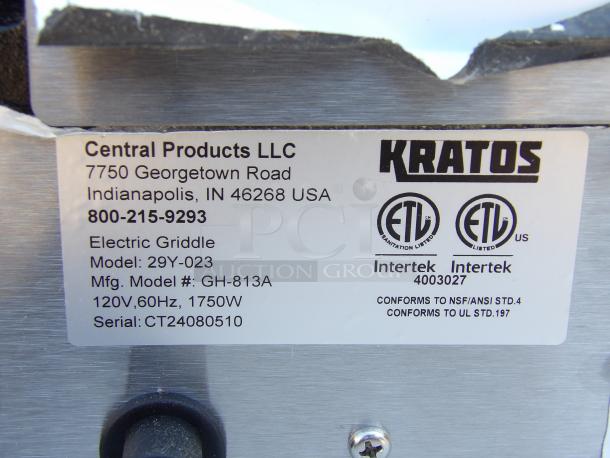 Label on Kratos 29Y-023 Commercial Panini Grill, showing model, power rating, certifications, and manufacturer details.
