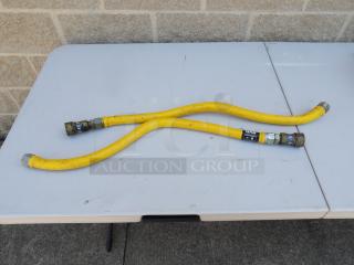 New Jet Force quick disconnect 32" x 3/4" gas line, yellow, includes bid label. Appears in good condition with fittings.