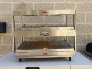 Nemco 6480-30S Commercial Stainless Steel 2-Tier Heated Display Case, with rear access, on legs, powers on.