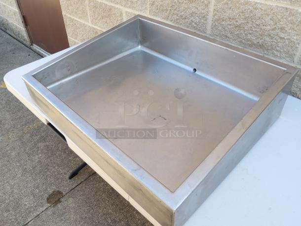 RSI Table Top Cold Well with ball valve to drain, stainless steel, used condition, rectangular shape, set on a white table.
