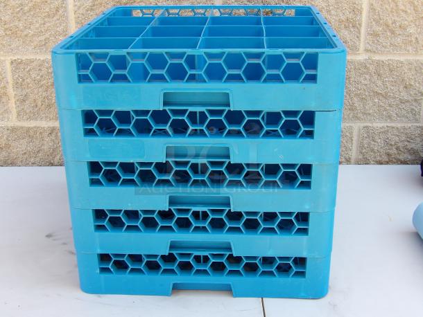 Carlisle RC 16-hole dishwasher rack, blue, used, stackable design, hexagonal openings, commercial kitchen equipment.