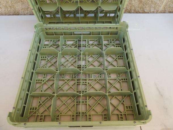 Vollrath 16-hole dishwasher rack, model 52676-11. Durable green plastic warewashing rack, excellent condition.