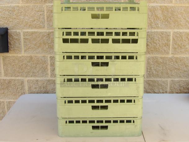 Vollrath 16-hole dishwasher rack model 52676-11, stack of six, light green, good condition, for auction.