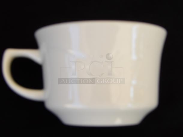 Oneida Buffalo Arcadia Porcelain Cup, 7.5 oz, bright white, embossed design, medium rim, stackable, excellent condition.