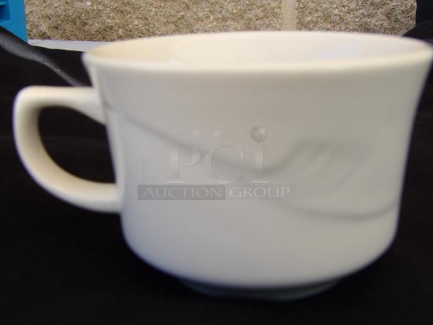 Oneida Buffalo Arcadia 7.5 oz. bright white porcelain cup, embossed design, medium rim, stackable, like new condition.