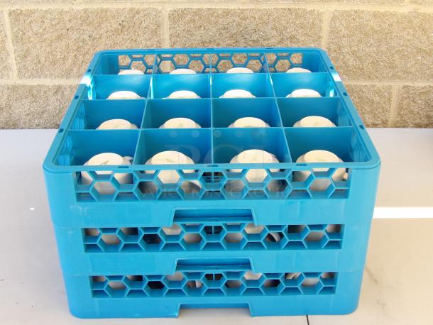 Oneida Buffalo Arcadia porcelain cups in blue rack, white with embossed design, medium rim, stackable, 7.5 oz each.