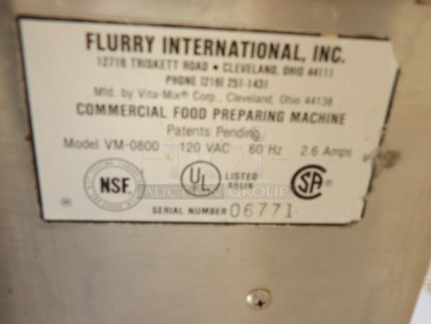 Vita Mix Flurry Mixer, Model VM-0800, 120V, powers on, commercial food preparing machine. NSF and UL listed. Serial 06771.