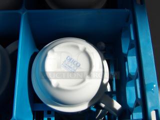 Delco Royal Cermaicor porcelain cup, 7.0 oz, white, marked with brand logo, placed in a blue crate. 48 pieces available.