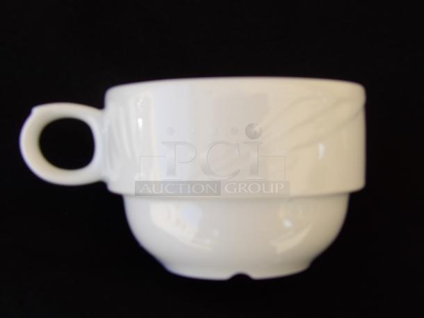 Delco Royal Cermaicor 7.0 oz. porcelain cup, white, round handle, embossed leaf pattern. Set of 48, excellent condition.