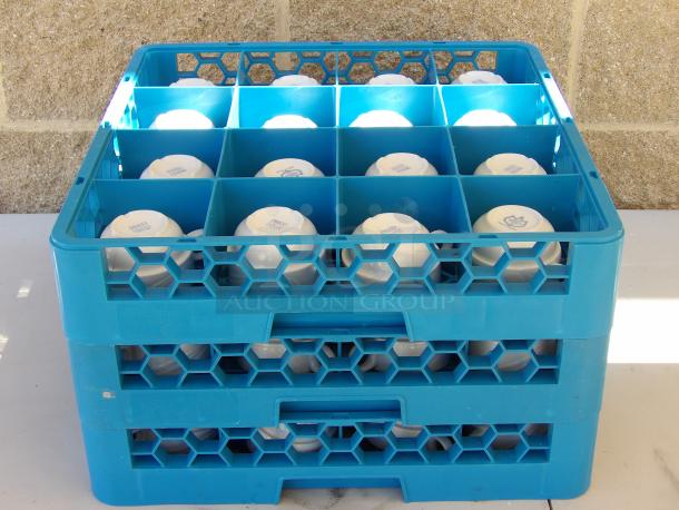 Stack of Delco Royal Cermaicor Porcelain cups, 7.0 oz each, in blue hexagonal crate, pristine condition, 48 total.