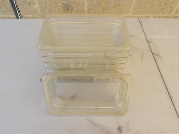 (x6) 1/4 Size Clear Polycarbonate Food Pans, 2-3/4" Deep, Stacked, Good Condition.