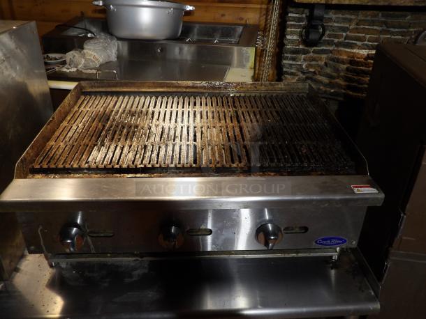 2022 Cook Rite ATRC 36 Commercial Char Broiler Grill, stainless steel, natural gas, back & side splashes, on legs.