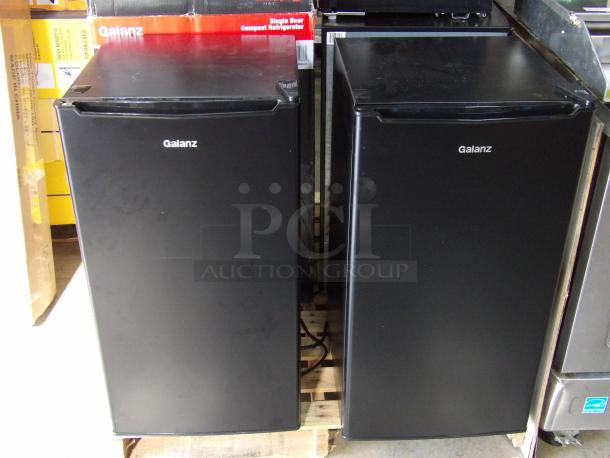 Galanz 3.3 cu. ft. black single door refrigerator, model GLR33MBKE23. New, scratch and dent condition.