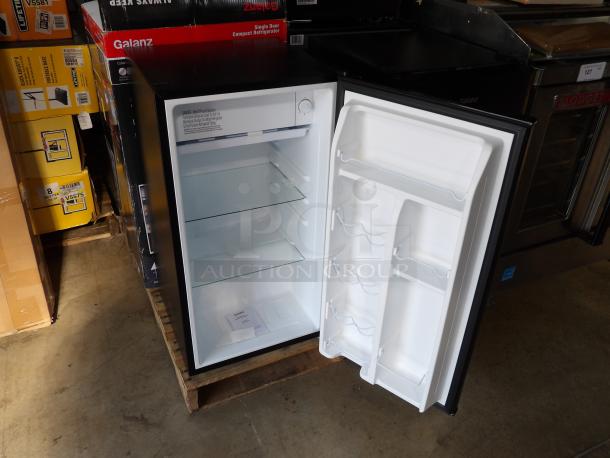 New Galanz GLR33MBKE23 3.3 cu ft black refrigerator, single door, slight scratches, spacious interior, adjustable shelves.
