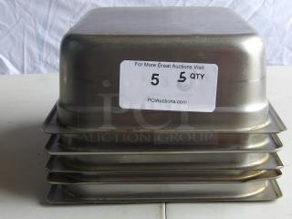 (x5) Commercial stainless steel steam table pans, lightly used, stackable, visible auction label indicating quantity of five.