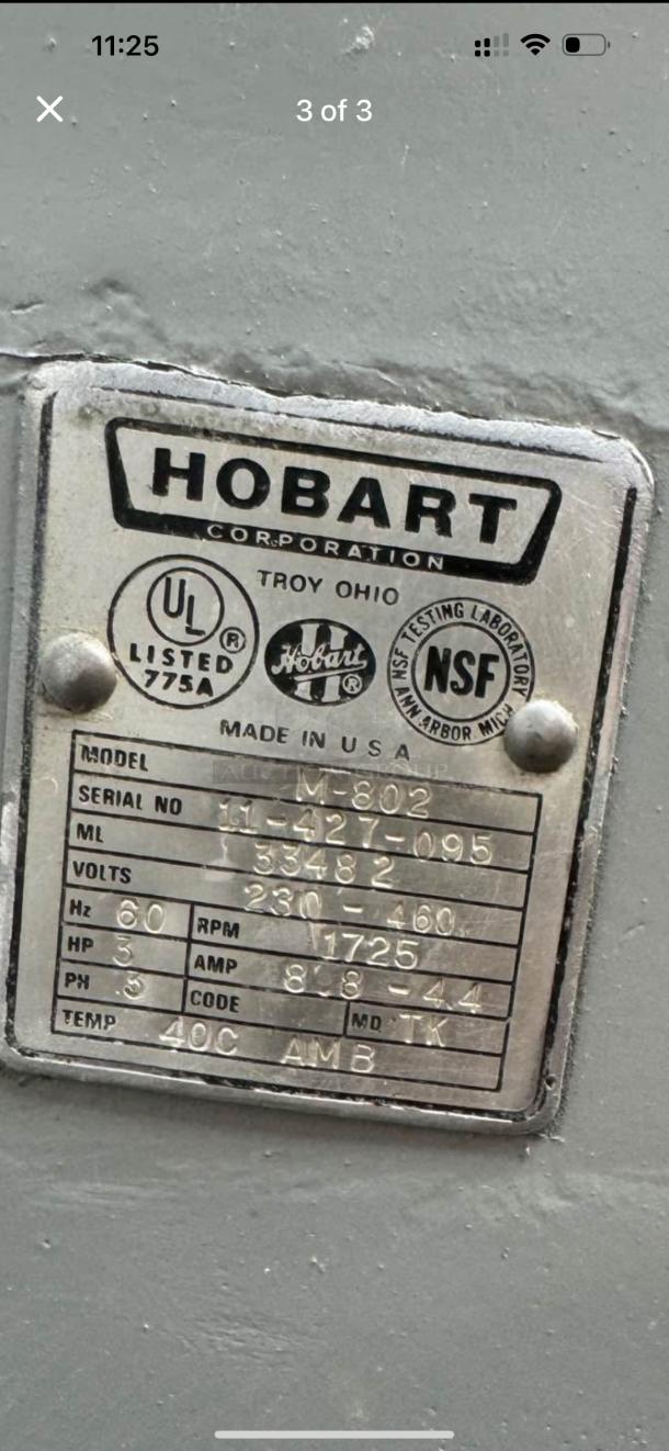 Hobart M-802 metal commercial mixer label, displaying model, serial number, voltage, 3 phase, and NSF certification.