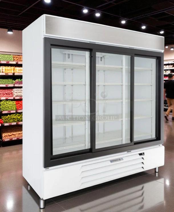 Beverage-Air MMR66HC-1-W 78" triple glass door merchandiser refrigerator, excellent condition, fully tested, 115V.