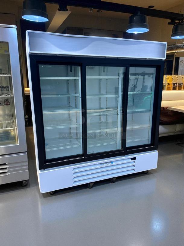 Beverage-Air MMR66HC-1-W, 78" triple glass door refrigerator, in excellent condition, tested and working, 115V.