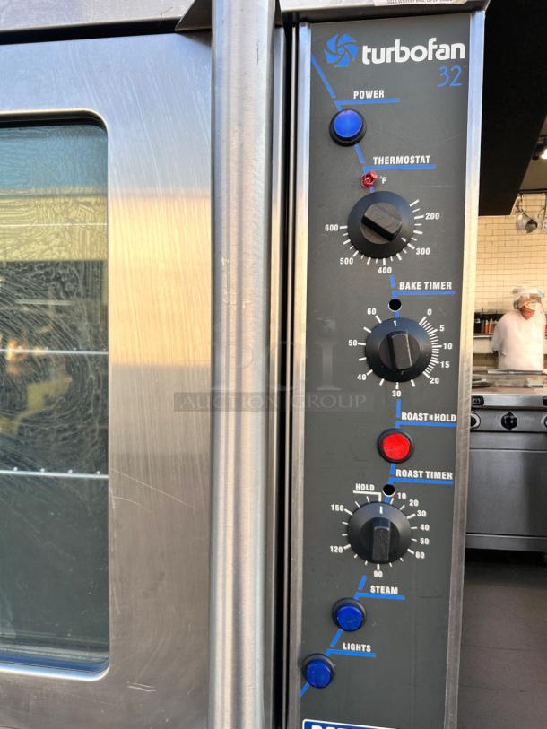 Moffat Turbofan E32MS double deck convection oven, excellent condition, fully tested, 208V. Visible control panel with labels.