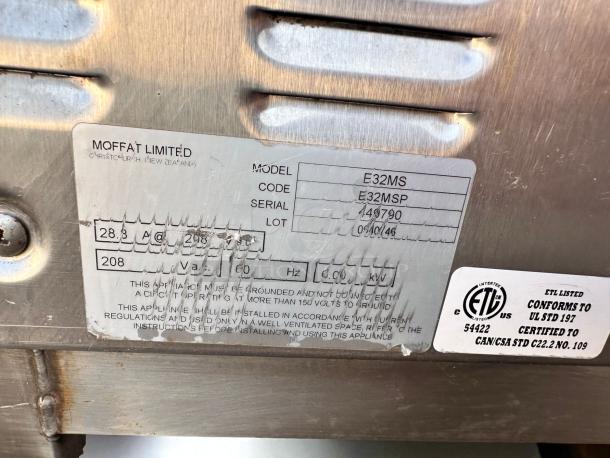 Moffat E32MS double deck convection oven label showing model, code, serial number, voltage, and certification details.