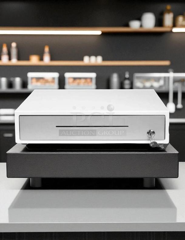 Brand new Clover D100 cash drawer POS system, heavy-duty, sleek white finish, shown sealed in box.