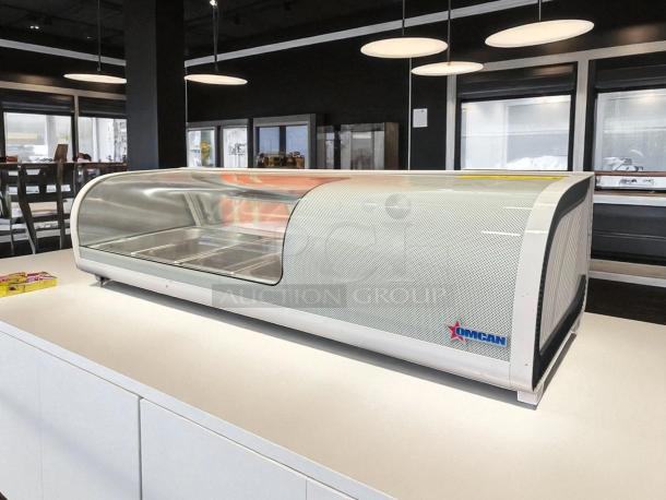 Like-new Omcan RS-CN-0425 sushi display case, 42L capacity, LED lighting, 110V, fully tested, visible brand logo.