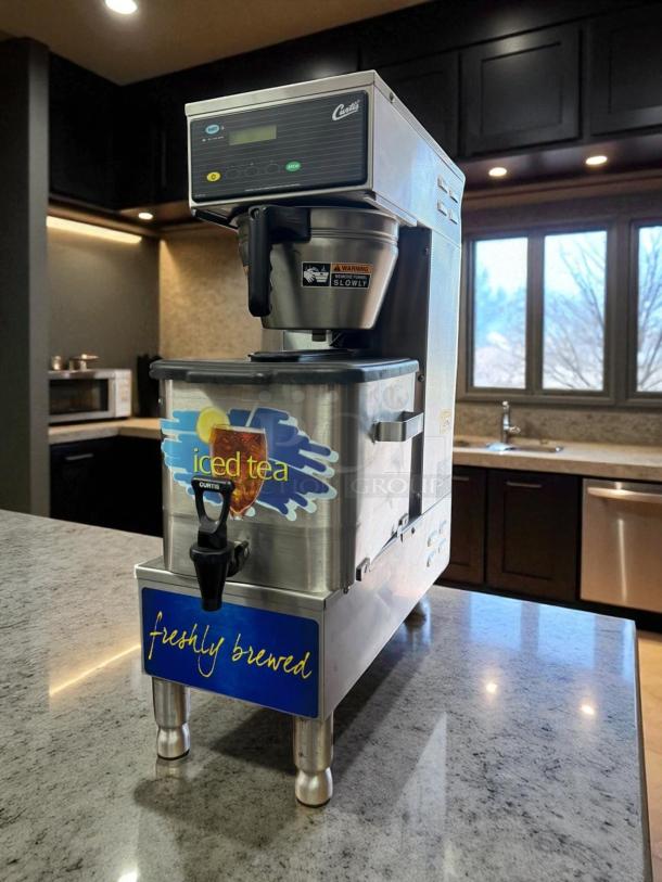 Curtis TBP Commercial Iced Tea Brewer, 120V, pristine condition, fully tested, stainless steel, labels read "iced tea" and "freshly brewed."