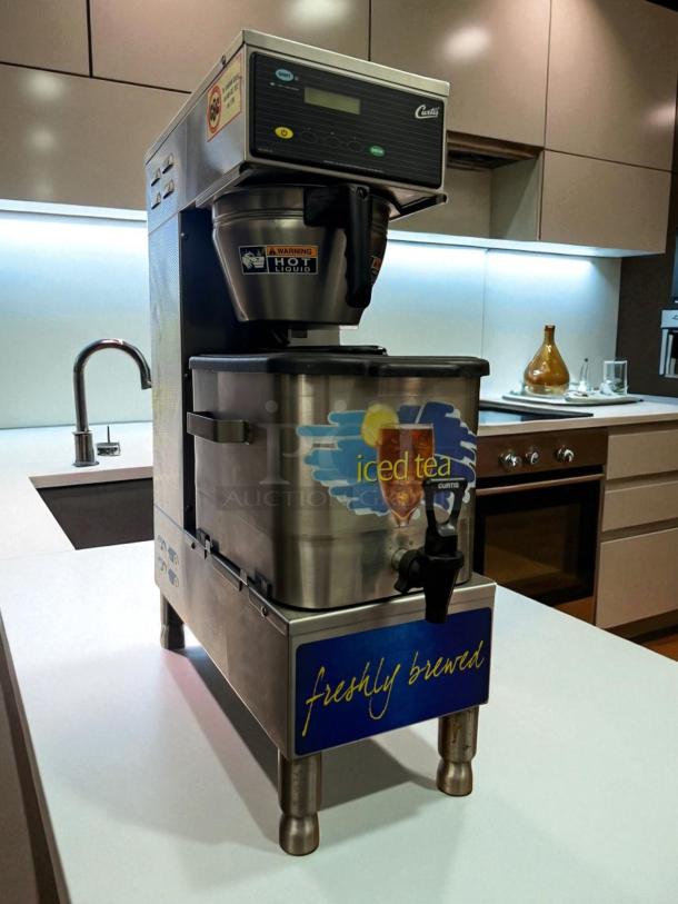 Curtis TBP Commercial Iced Tea Brewer in pristine condition, 120V, fully tested and working, with visible "Hot Liquid" warning label.