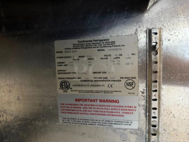 Close-up of Continental SW60-24M refrigerator model tag; shows specifications, power details, and warning labels.