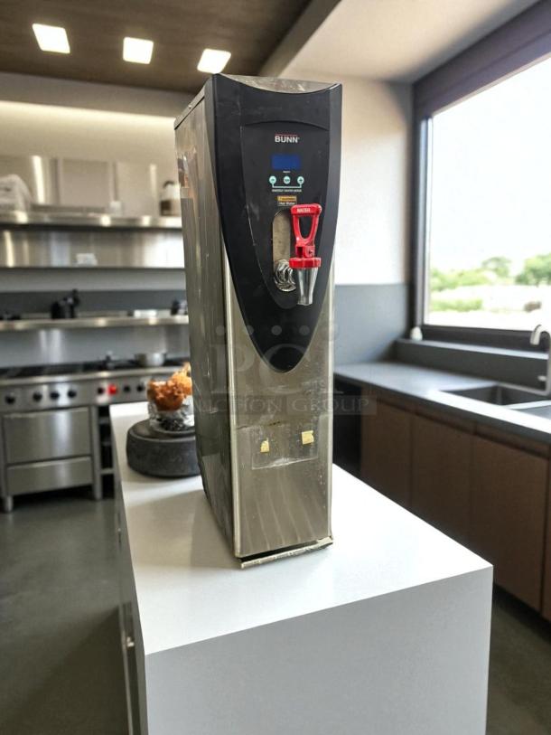 BUNN H5E hot water dispenser, superb condition, 120V/1800W, NSF & UL certified, tested, red water tap, stainless steel finish.