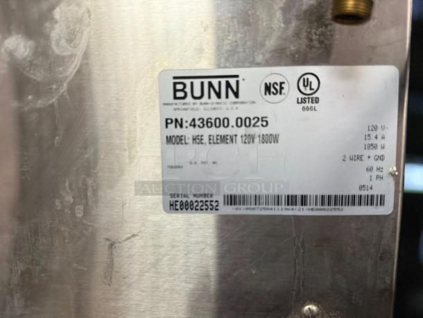 BUNN H5E hot water dispenser label showing model, 120V/1800W specs, NSF & UL certifications, superb condition.