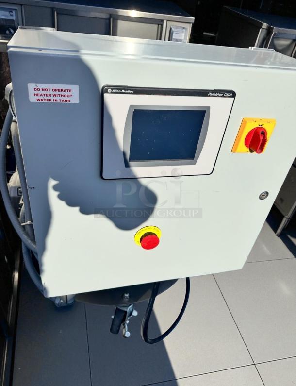 Superb condition Watlow heated mixing tank system with Allen-Bradley PanelView C600 touchscreen and directional pump control, 240V.