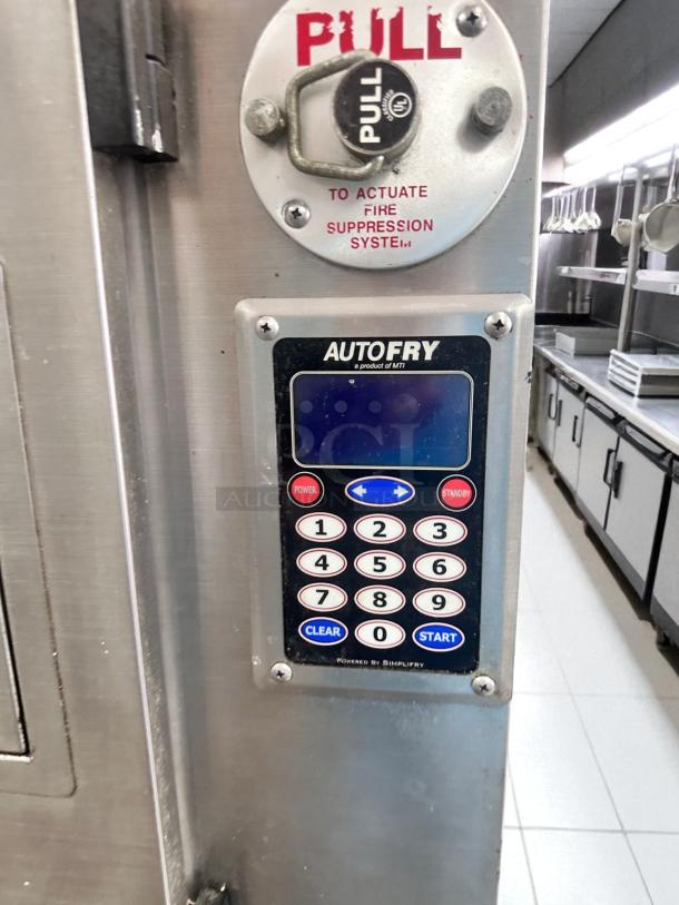 AutoFry MTI-40E ventless electric fryer, double-basket, 240V, digital keypad, fire suppression system, outstanding condition.