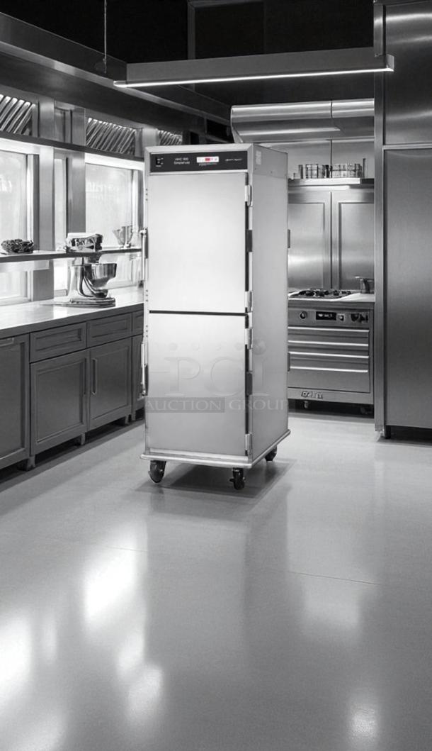 Brand new Henny Penny HHC900.24, 2-door electric holding cabinet, 120V, heavy-duty stainless, unused in box, on casters.