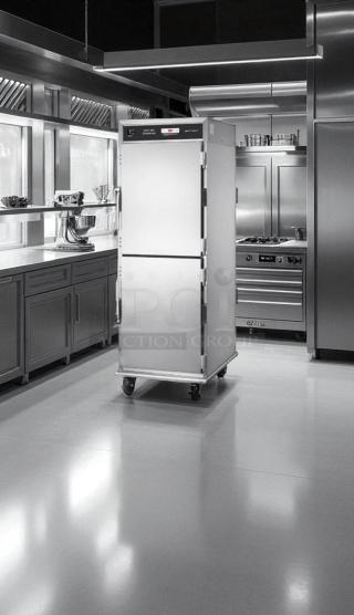 Brand new Henny Penny HHC900.24, 2-door electric holding cabinet, 120V, heavy-duty stainless, unused in box, on casters.